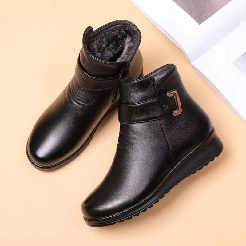 Damen Stiefeletten Warm Fleece InnenSchuhe Schnalle Schwarz
