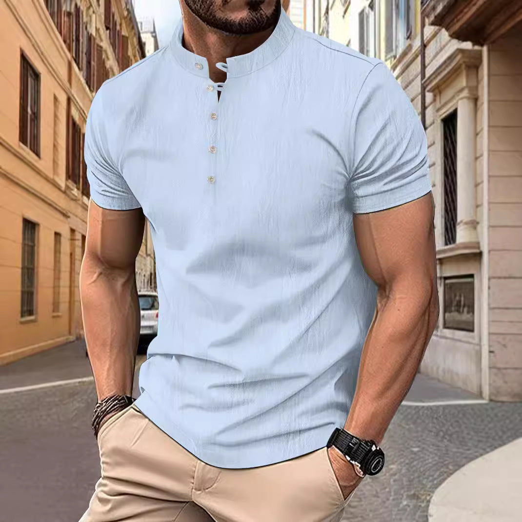 Herren Kurzarmshirt Modern Stehkragen Knopfleiste Elegent