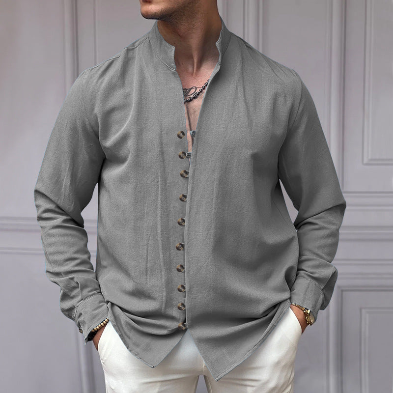 Herren Leinenhemd Modern Stehkragen Elegante Knöpfe