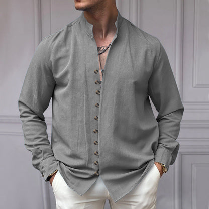 Herren Leinenhemd Modern Stehkragen Elegante Knöpfe