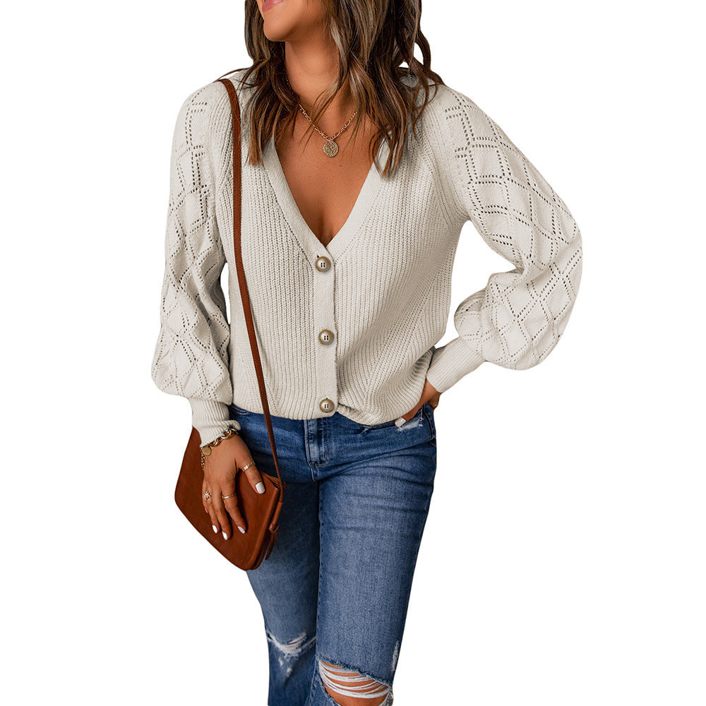 Frauen Strickjacke V-Ausschnitt Puffärmel Modern