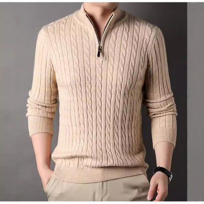 Herren Pullover Strick Zopfmuster Zipper Grün