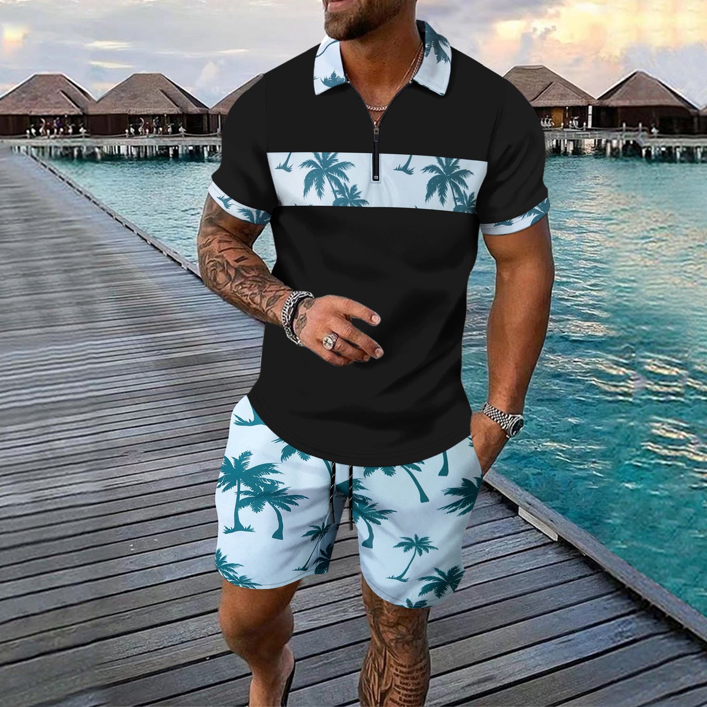 Herren Polohemd Elegant Geschnitzt mit Shorts Sommer
