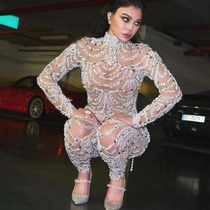 Pailletten Jumpsuit Figurbetont Durchscheinend Partykleid