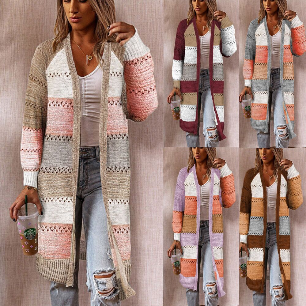 Damen Strickjacke Lang Modisch Streifenmuster Offen - BerlinGlamour