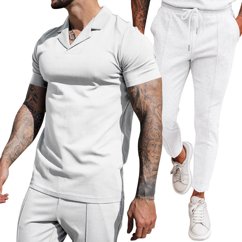 Herren Freizeit Set Kurzarm Polohemd schmale Hose Elegant