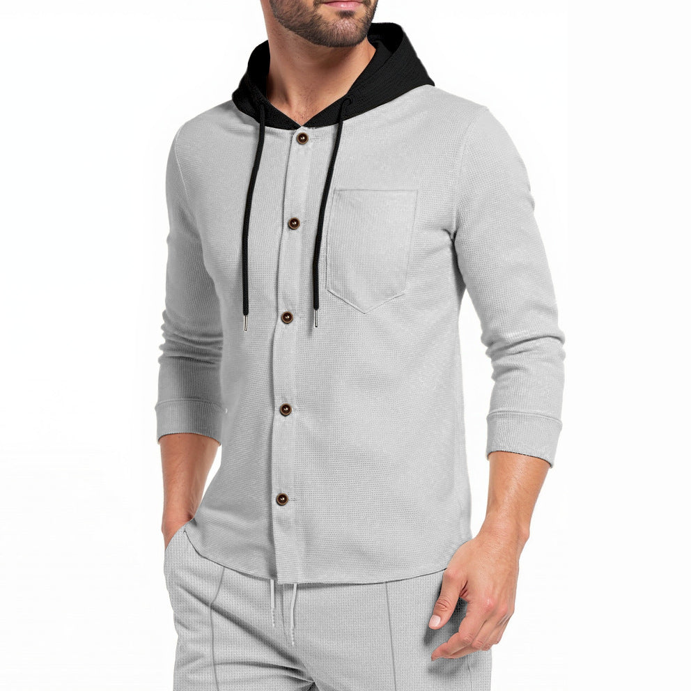 Herren Kapuzenshirt Modern mit Knopfleiste und Brusttasche