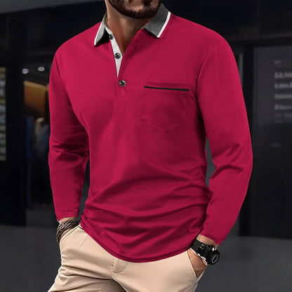 Herren Poloshirt Langarm Strukturiert Kragen Tasche Modern