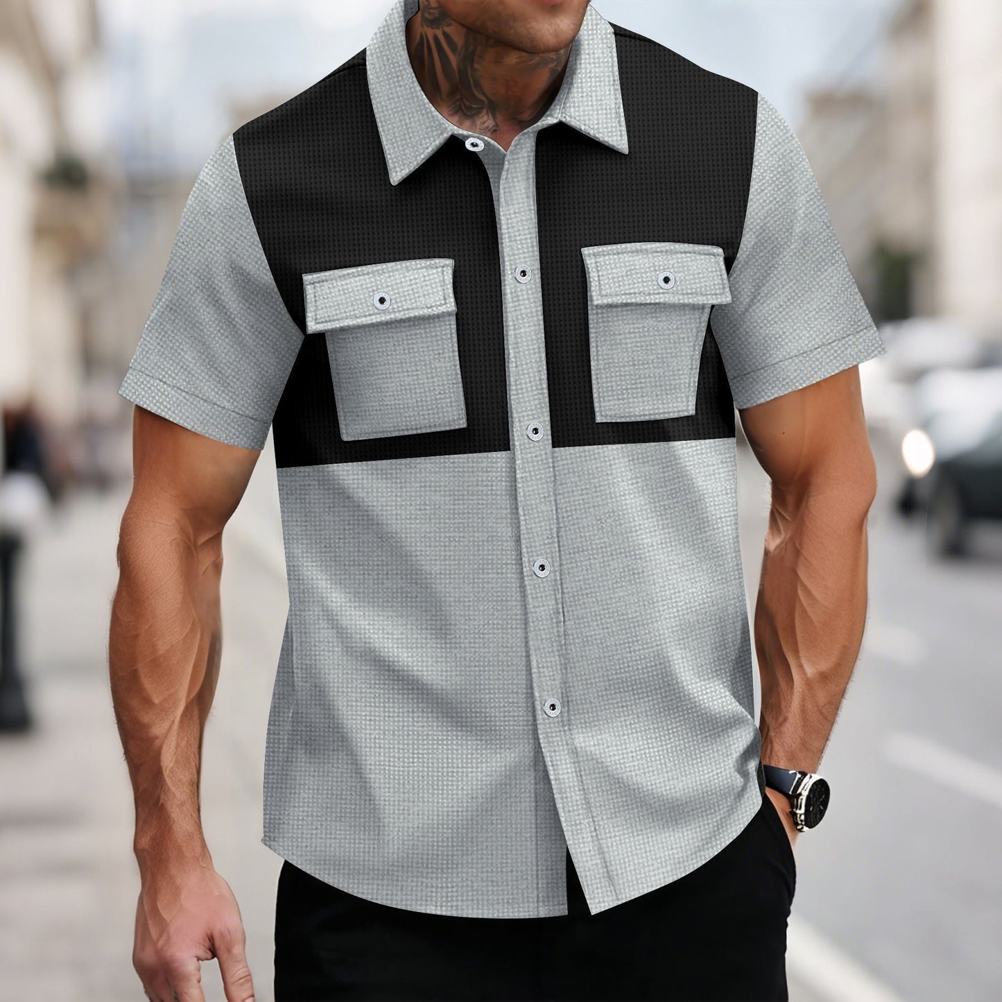 Herren Kurzarmhemd Modern mit Kontrast Details und Brusttasche