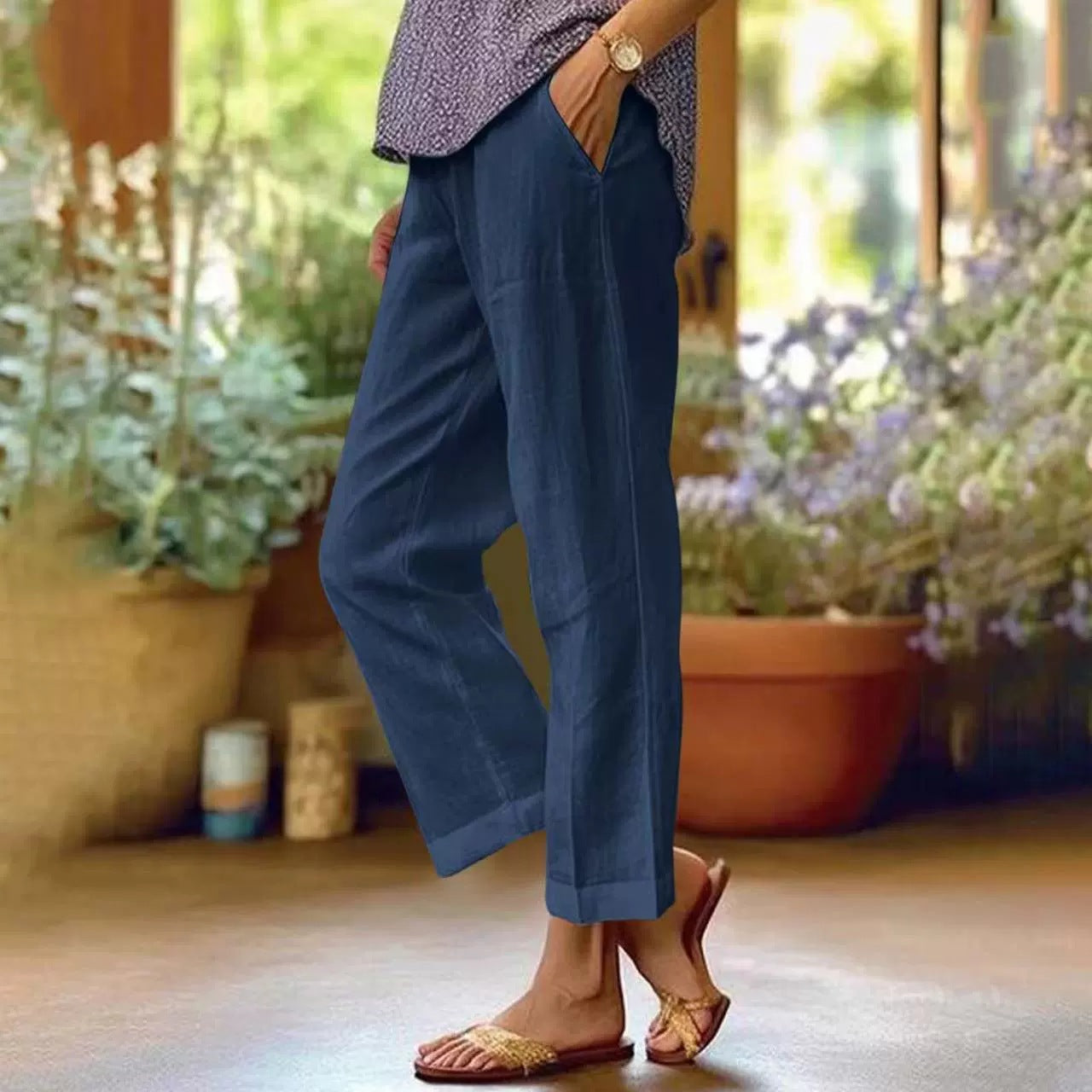 Damen Leinenhose Weit Bequem Mit Taschen