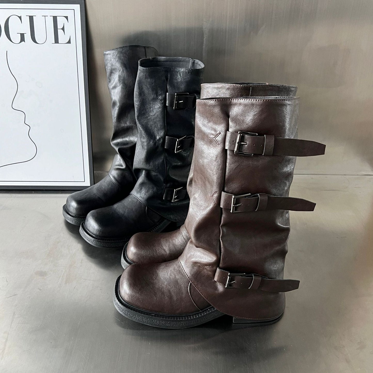 Damen Biker-Stiefel Robust Schnallen-Design Schwarz