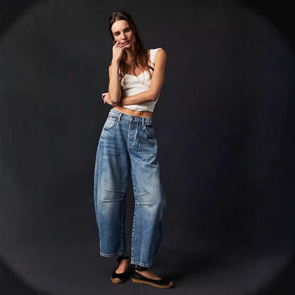 Damen Jeanshose Weite Bein Lässig Casual - BerlinGlamour