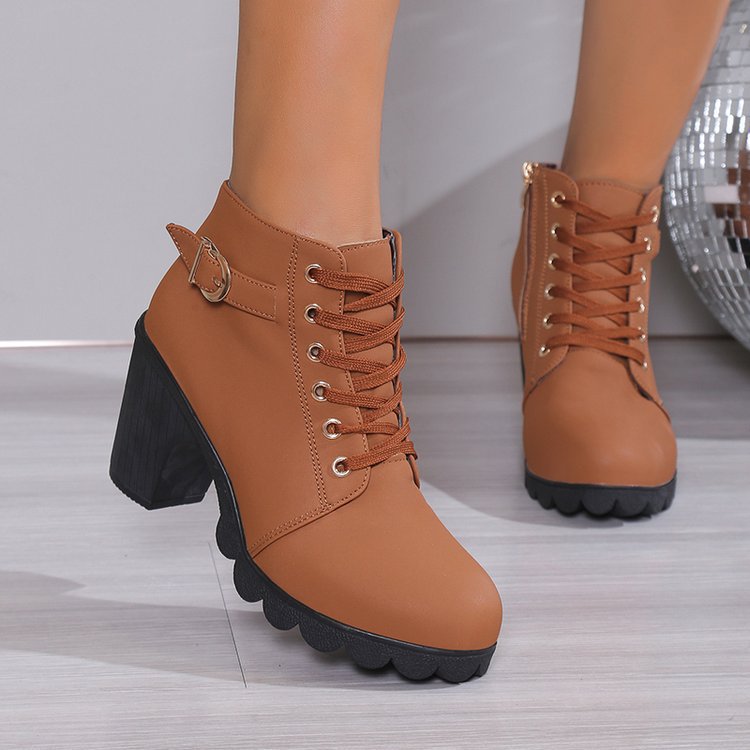 Damen Stiefeletten Blockabsatz Schnürstiefelette Reißverschluss