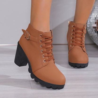 Damen Stiefeletten Blockabsatz Schnürstiefelette Reißverschluss