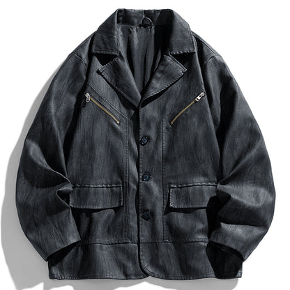 Herren Lederjacke Modern Schnitt mit Taschen Schwarz