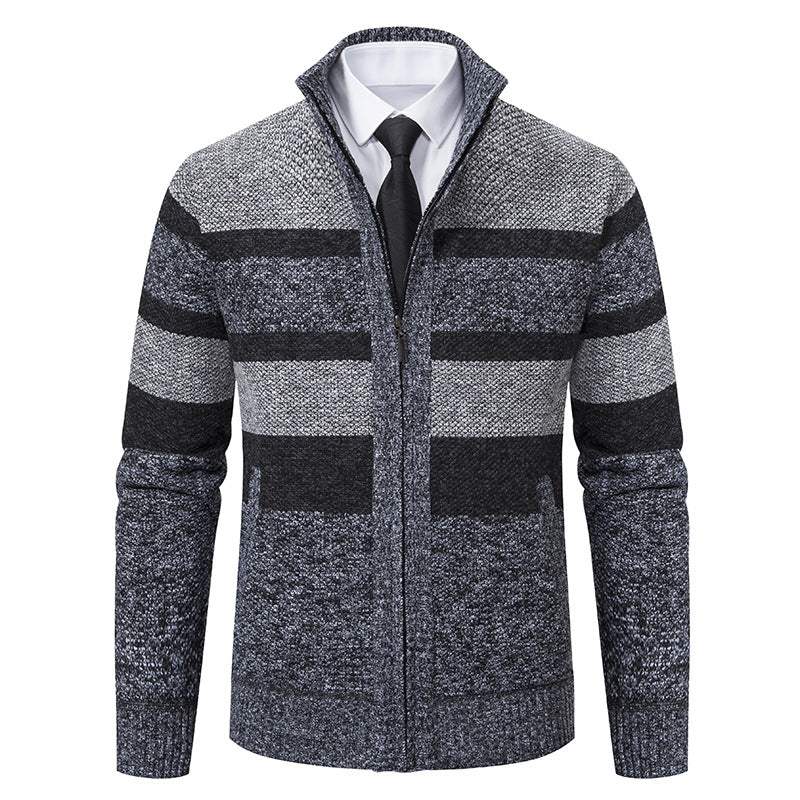 Herren Strickjacke Stehkragen Modernes Streifenmuster - BerlinGlamour