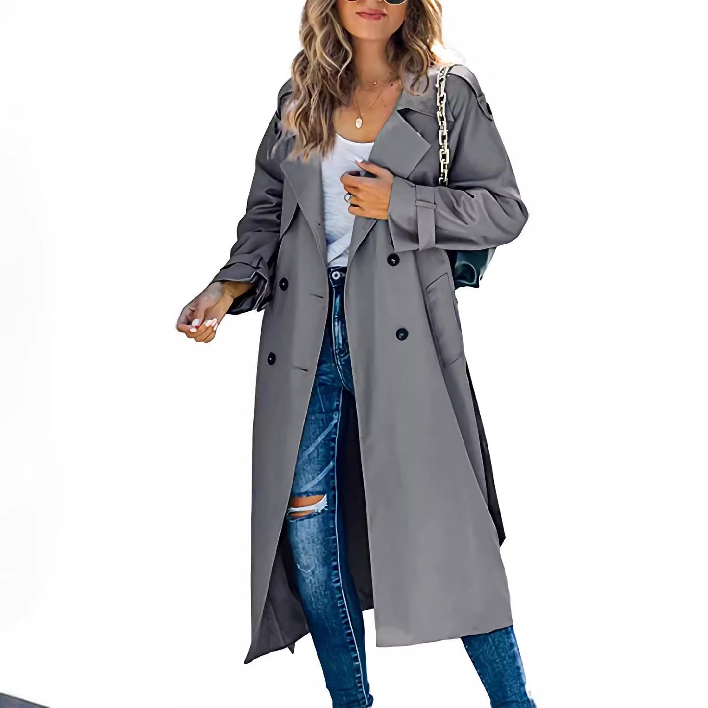 Damen Trenchcoat Elegant mit Gürtel und Knöpfen Modern