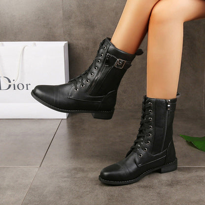 Damen Schnürstiefel mit Reißverschluss und Schnallen Detail Modern