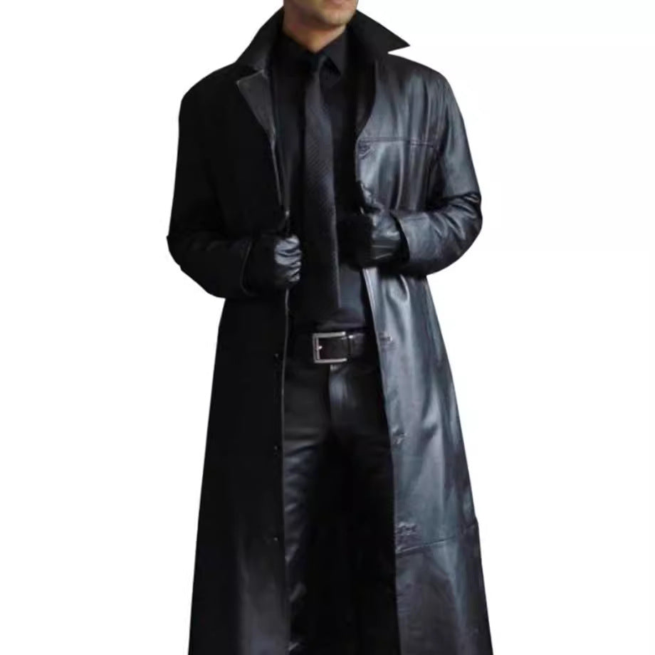 Herren Kunstledermantel Elegant Doppelter Knopfverschluss Schwarzer Ledermantel