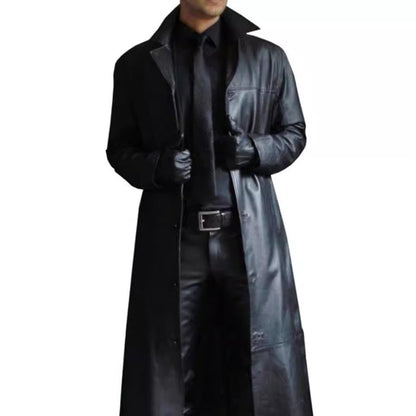 Herren Kunstledermantel Elegant Doppelter Knopfverschluss Schwarzer Ledermantel
