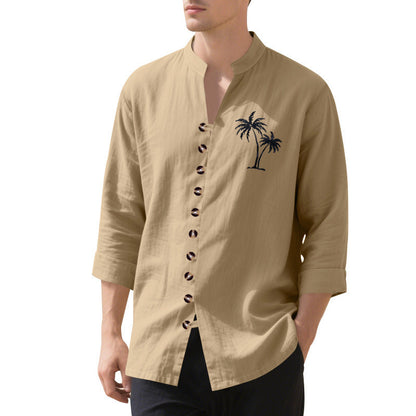 Herren Langarmhemd Palmen Motiv Knopfleiste Trendy