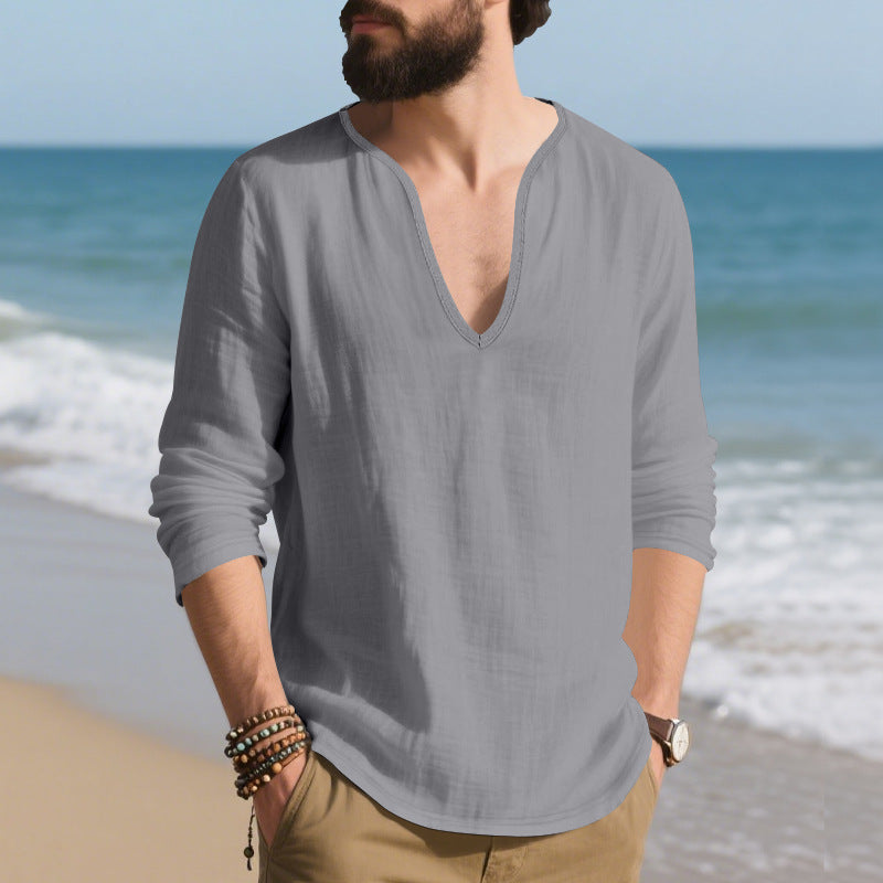 Herren Langarmshirt V-Ausschnitt Baumwoll Modern
