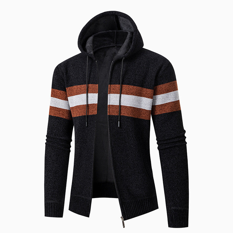 Herren Strickjacke Lässig Mit Kapuze Kontraststreifen Modern