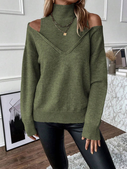 Damen Rollkragenpullover Off-Shoulder Strickweite Frauen