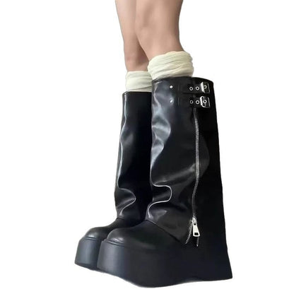 Damen Overknee Stiefel mit Reißverschluss und verstellbaren Riemen