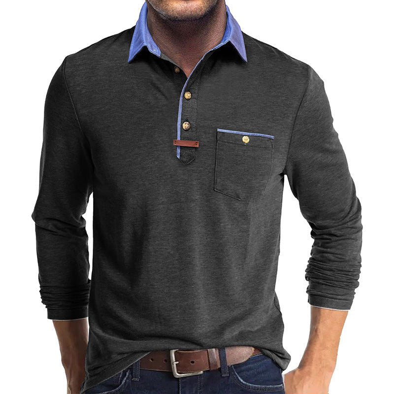 Herren Langarmshirt Mit Brusttasche Kontrastkragen Modern