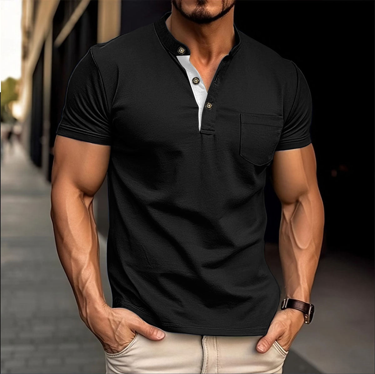 Herren Polo-Shirt Modern Stehkragen Knöpfe Elegant