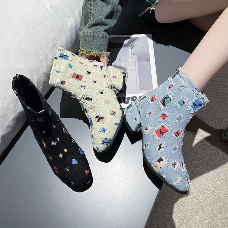 Damen Stiefel Ankle Boots Geometrisch Druck Reißverschluss