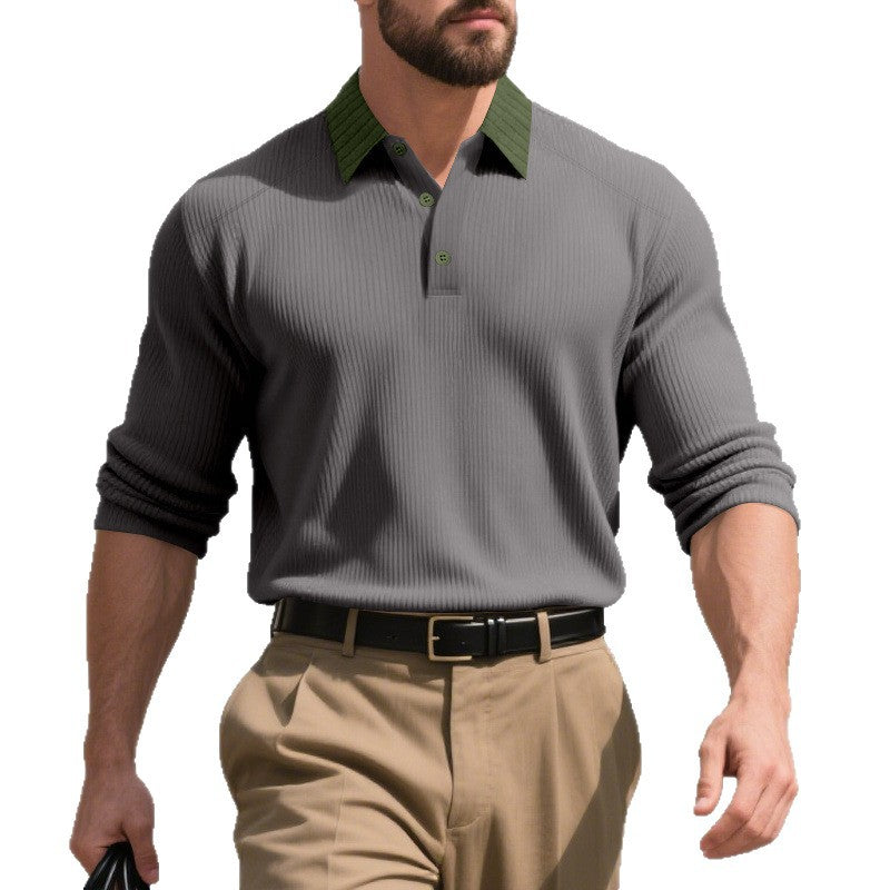 Herren Langarm T-Shirt Strukturiert Moderner Kragen