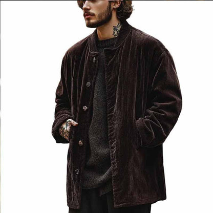 Herren Samtjacke Knopfverschluss Taschen Elegant Schwarz