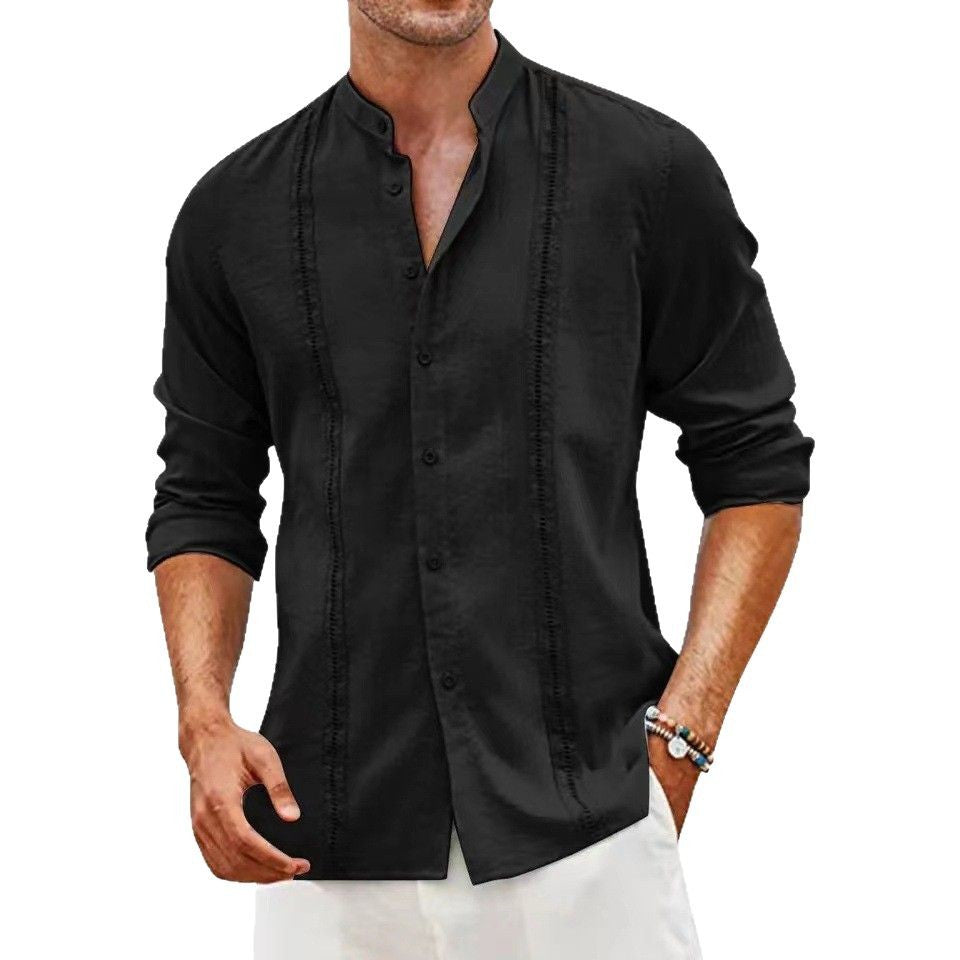 Herren Leinenhemd Langarm Stehkragen Elegent Modern