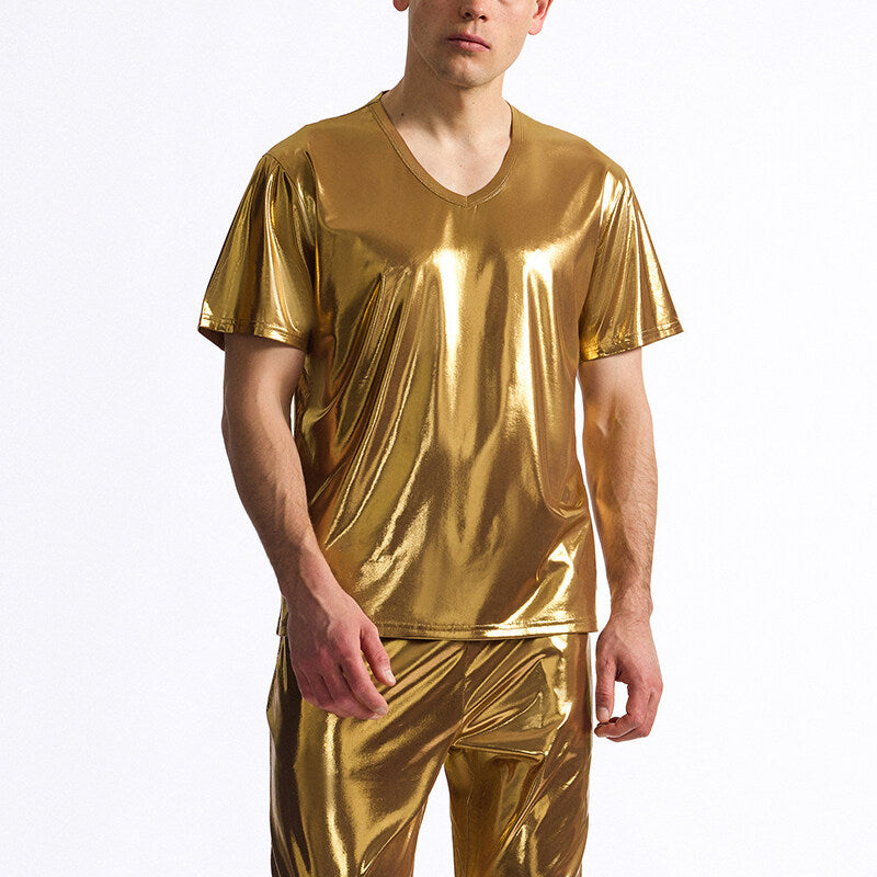 Herren T-Shirt V-Ausschnitt Metallic Glänzend