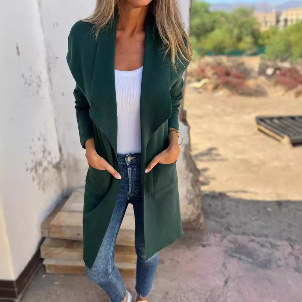 Damen Strickcardigan Lang mit Taschen und Offenen Kanten