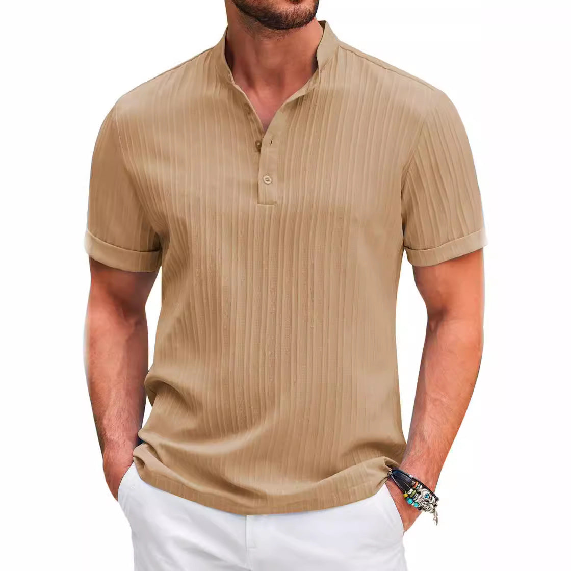 Herren Kurzarm Henley-Shirt Modern Struktur Optik