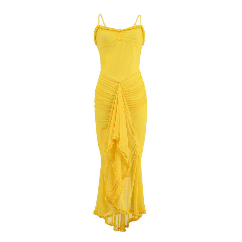 BerlinGlamour Trägerkleid: Asymmetrisches Netzkleid mit Schlitz