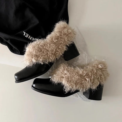 Damen Stiefeletten Fellkragen Robust Blockabsatz Winter