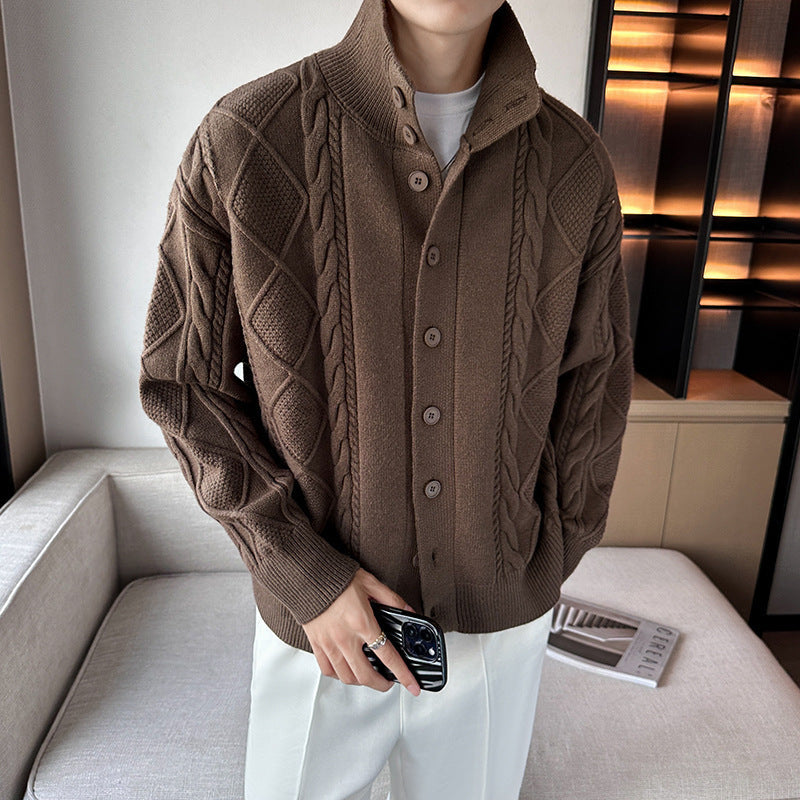 Herren Pullover Grobstrick Modern Stehkragen Knopfleiste - BerlinGlamour