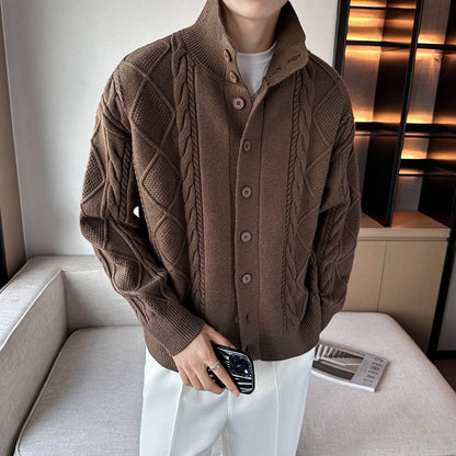Herren Pullover Grobstrick Modern Stehkragen Knopfleiste - BerlinGlamour