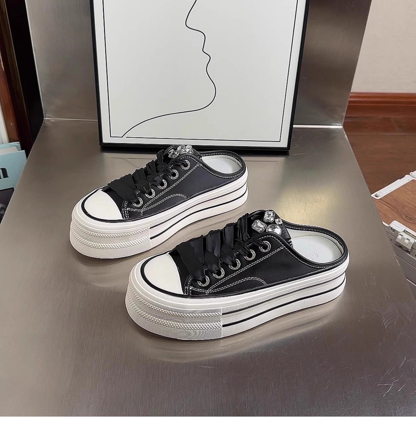 Damen Plateau Sneaker Glänzend Schnürsenkel Modern