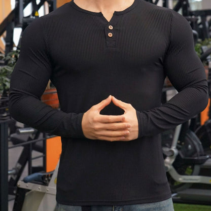 Herren Langarmshirt Strukturiert Knöpfe Modern