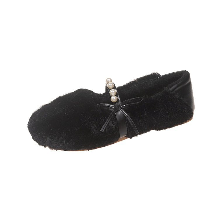 Damen Hausschuhe Weich Fell Perlen Elegance