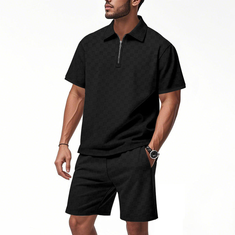 Herren Kurzarm Hemd mit Reißverschluss und Sport Shorts Sommer