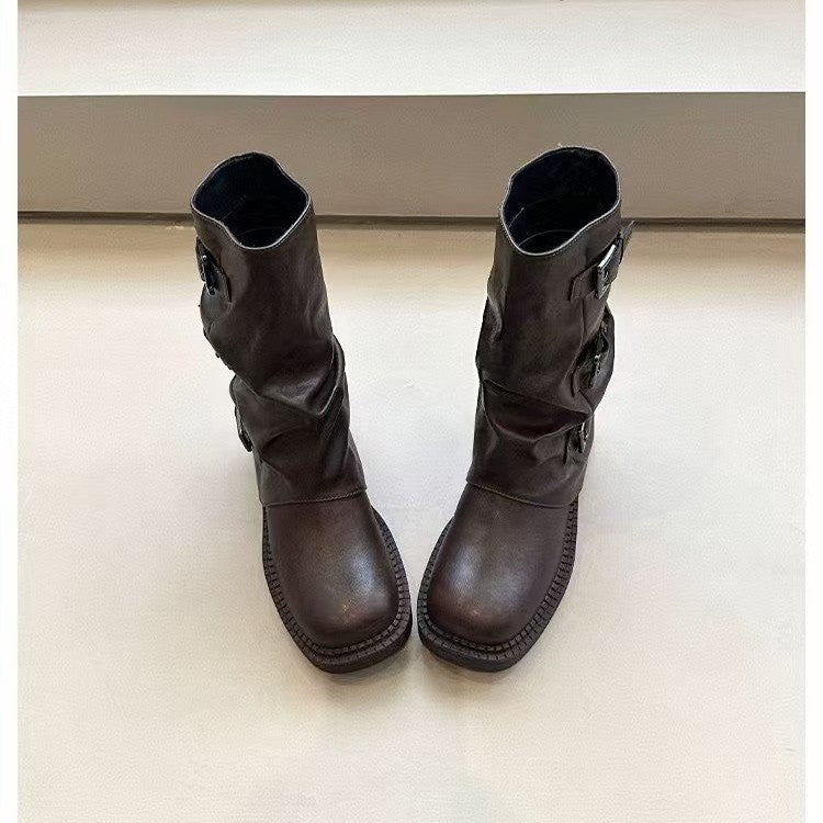 Damen Stiefel Steppschuhe Schnalle Flexibel Schwarz