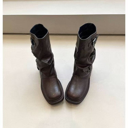 Damen Stiefel Steppschuhe Schnalle Flexibel Schwarz