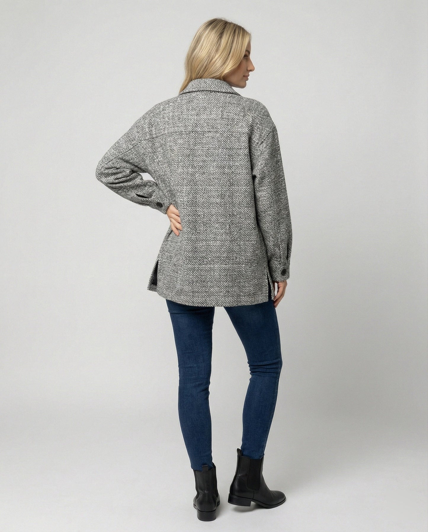 Damen Übergangsjacke Weite Hemdjacke Strukturstoff Ballonärmel