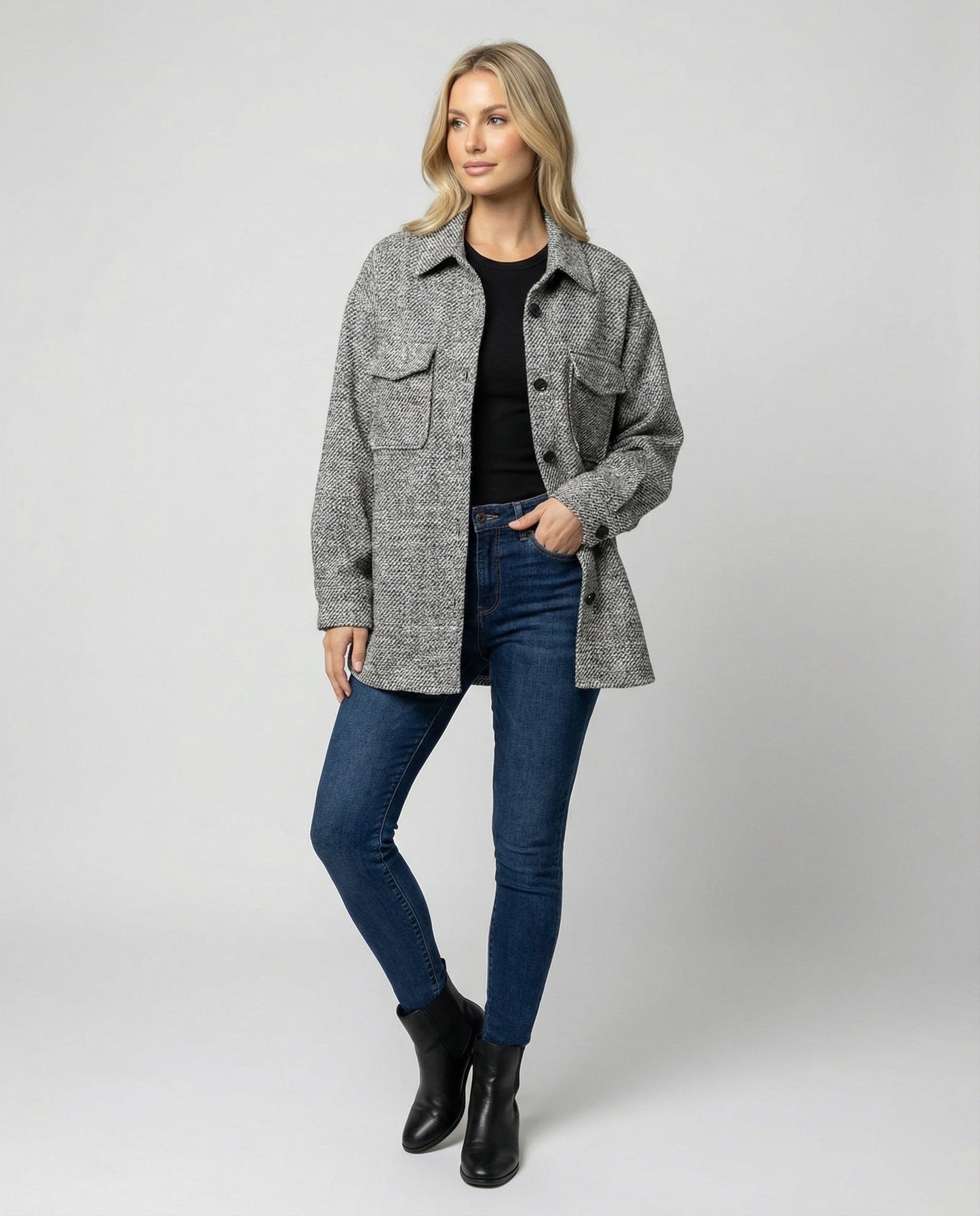 Damen Übergangsjacke Weite Hemdjacke Strukturstoff Ballonärmel